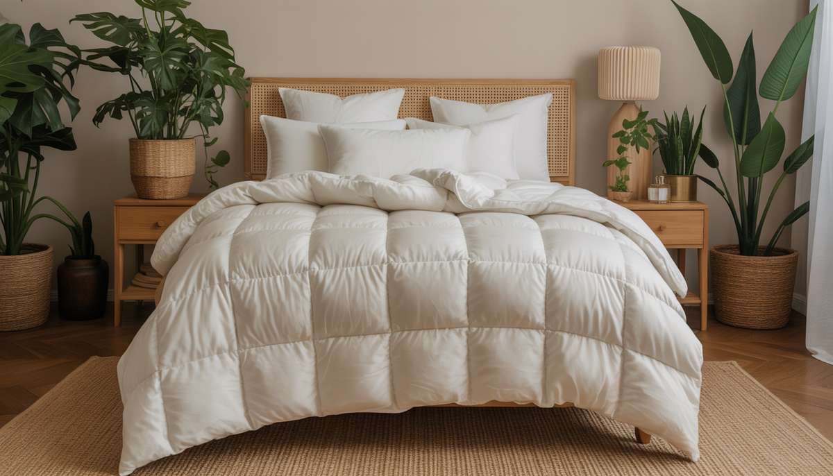 A bedroom with bamboo bedding, including a neatly made bed with soft sheets and an all-white comforter, surrounded by eco-friendly decor like potted plants and natural wood furniture.