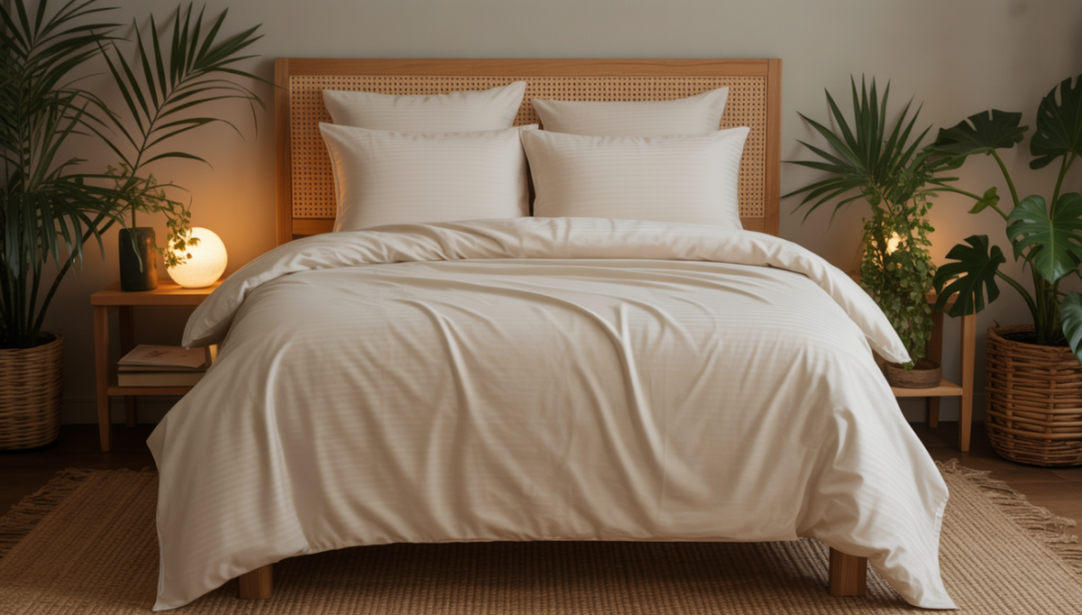A bedroom with bamboo bedding, potted plants, and wooden furniture, showcasing a serene and eco-friendly atmosphere.