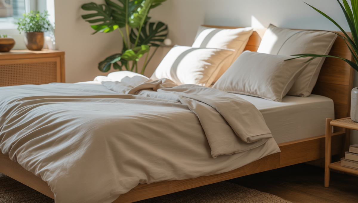 A tranquil bedroom featuring a bed with organic bamboo sheets, surrounded by natural light and eco-friendly decor like plants and wooden furniture.