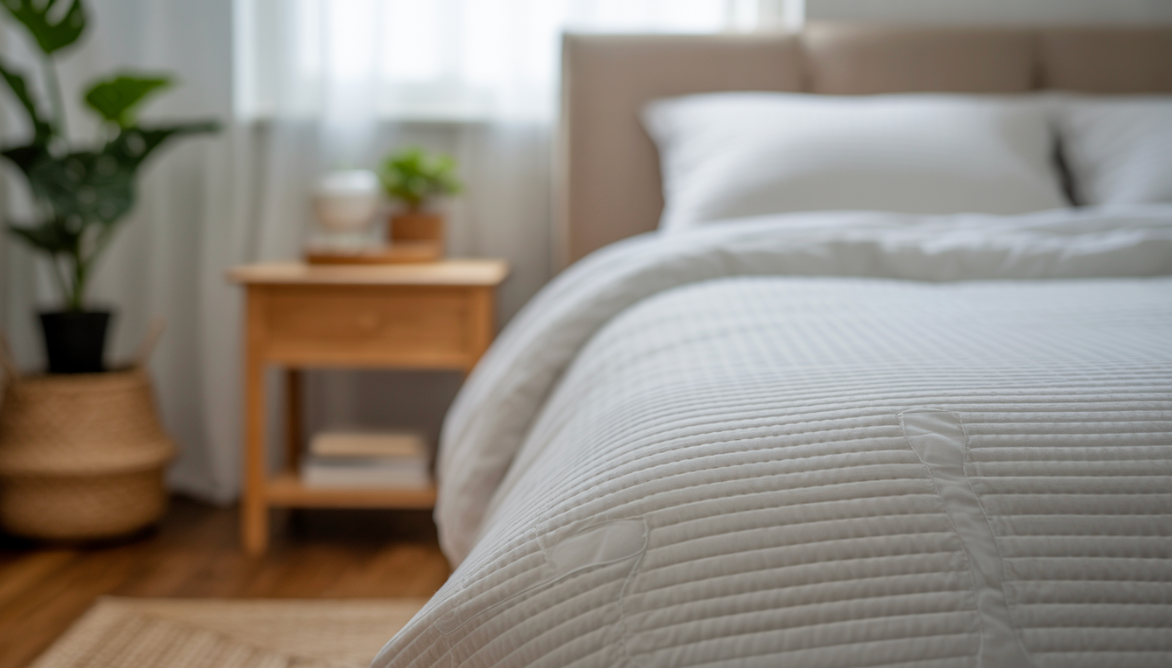 A serene bedroom with white breathable cooling sheets, natural light, and eco-friendly decor including a wooden nightstand, a potted plant, and a woven basket.